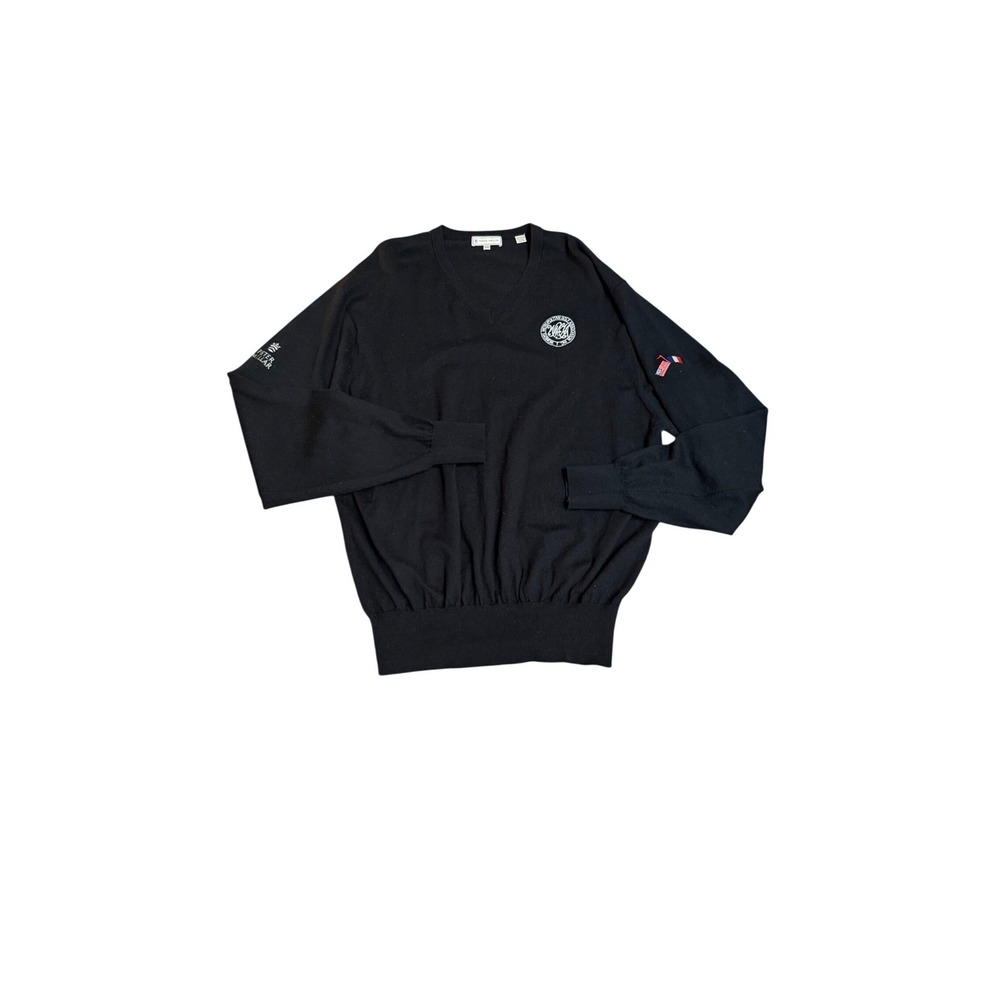 Peter Millar XXL Black Merino Wool V-Neck Sweater WMGA Golf Flags Logo Mens - Picture 6 of 13